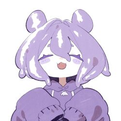  1girl :3 :d blush closed_eyes cocomayo29_(tomato) commentary fang hair_between_eyes hololive hololive_english hood hood_down hoodie long_sleeves personification purple_hair purple_hoodie simple_background sleeves_past_fingers sleeves_past_wrists smile solo symbol-only_commentary takodachi_(ninomae_ina'nis) tentacle_hair upper_body white_background 