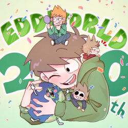  4boys anniversary antenna_hair black_eyes black_shoes blue_hoodie blue_pants blush brown_hair chibi commentary_request confetti copyright_name denim drawstring earth_(planet) edd_(eddsworld) eddsworld english_text flipped_hair green_background green_hoodie green_jacket grin hair_behind_ear hair_ears highres holding holding_mirror holding_planet hollow_eyes hood hood_down hoodie jacket jeans long_sleeves male_focus matt_(eddsworld) mau_(edd_tom) mini_person miniboy mirror multiple_boys musical_note on_head one_eye_closed open_clothes open_mouth orange_hair pants planet purple_hoodie red_hoodie shoes short_hair simple_background sitting smile sneakers solo_focus sparkle spiky_hair swept_bangs tom_(eddsworld) tord_(eddsworld) 
