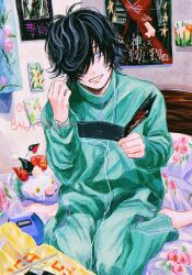  1boy aimono_jyushi aqua_jacket aqua_pants aqua_track_suit barefoot bed_sheet black_hair blue_eyes blue_pupils blush cd_player choppy_bangs commentary_request crying crying_with_eyes_open earphones earphones english_text film_grain floral_print full_body grin hair_over_one_eye hand_up hat head_tilt headboard highres holding hypnosis_mic indoors jacket jester_cap long_sleeves looking_at_viewer male_focus nose_blush object_request official_alternate_hair_length official_alternate_hairstyle on_bed pamphlet pants photo_(object) pillow poster_(object) removing_earbuds short_hair sitting smile solo stuffed_animal stuffed_pig stuffed_toy tearing_up tears timestamp track_suit umibenobara wariza 