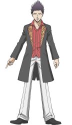  1boy animal_print anime_coloring ansatsu_kyoushitsu black_hair collared_shirt full_body gastro_(ansatsu_kyoushitsu) leopard_print male_focus morita_kazuaki official_art pants red_shirt shirt simple_background solo spiky_hair standing tachi-e transparent_background wall-eyed white_pants 