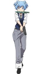  1boy anime_coloring ansatsu_kyoushitsu aqua_eyes aqua_hair belt black_belt black_necktie black_shoes blue_vest collared_shirt full_body grey_pants gun handgun holding holding_gun holding_weapon knife_in_mouth kunugigaoka_middle_school_uniform morita_kazuaki necktie official_art pants school_uniform shiota_nagisa shirt shoes simple_background solo standing tachi-e transparent_background vest weapon white_shirt 