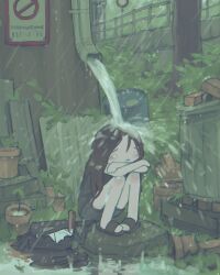  1girl artist_name bare_legs black_shirt black_shorts black_umbrella brick brown_hair bus_stop bus_stop_shelter bus_stop_sign closed_eyes crossed_arms dripping english_commentary fence flip-flops flower_pot frown grey_sky gutter highres kurohanenone long_hair original outdoors overcast plant potted_plant pouring puddle railing rain sandals shirt shorts sign sitting sitting_on_object sky storm t-shirt trash_can tree umbrella water_drop wet wet_clothes wet_hair wet_shirt 