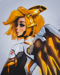  1girl absurdres blonde_hair blue_eyes bodysuit closed_mouth commentary english_commentary from_behind grey_background headpiece highres lips looking_up mechanical_wings mercy_(overwatch) nose overwatch parted_hair short_hair simple_background solo titanartx upper_body white_bodysuit wings 