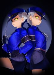  >:) 2girls :| absurdres baton_(weapon) black_gloves blue_hat blue_shirt boridongja braid caroline_(persona_5) closed_mouth commentary expandable_baton eyepatch gloves grey_hair hair_bun hat highres holding_baton_(weapon) justine_(persona_5) long_hair looking_at_viewer multiple_girls necktie persona persona_5 shirt shorts siblings sisters smile symbol-only_commentary twins v-shaped_eyebrows weapon yellow_eyes 