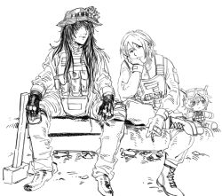  1boy 1girl androgynous black_hair blood boots bulletproof_vest camouflage camouflage_jacket camouflage_pants cheek_rest cigarette commentary digital_camouflage english_commentary evgenia_blinova exhausted fingerless_gloves fumo_(doll) gloves greyscale hammer highres holding holding_cigarette jacket kenneth_del_duca long_hair looking_at_viewer medium_hair military mole mole_above_mouth monochrome morale_patch non-web_source original pants russo-ukrainian_war sad_smile sitting sledgehammer soldier sweetrinaxd tactical_gloves tanya_degurechaff tanya_degurechaff_(sleepwalker) zipper_pull_tab 