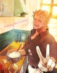  1boy baking beard blonde_hair dated facial_hair gloves happy_birthday jojo_no_kimyou_na_bouken joseph_joestar oreha00701 solo v white_gloves 