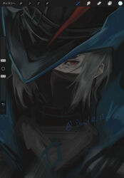  1boy arknights art_program_in_frame artist_name babu_don_(don_10_13) black_background black_coat black_hat black_mask coat commentary_request covered_mouth grey_hair hat high_collar highres looking_at_viewer male_focus mask mouth_mask portrait procreate_(software) red_eyes short_hair solo tricorne twitter_username ulpianus_(arknights) upper_body user_interface 