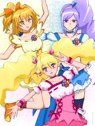  3girls absurdres aono_miki blonde_hair blue_boots blue_bow blue_eyes blue_hair blue_skirt blue_thighhighs blue_wrist_cuffs blush boots bow choker closed_eyes closed_mouth clover_brooch crop_top cross-laced_clothes cross-laced_dress cross-laced_skirt cure_berry cure_peach cure_pine detached_sleeves dress earrings fresh_precure! frilled_dress frilled_shirt frilled_sleeves frills glitter grid_background hair_between_eyes hair_ornament hairband heart heart_earrings heart_hair_ornament high_side_ponytail highres jewelry long_hair magical_girl midriff miniskirt momozono_love multiple_girls navel non-web_source open_mouth orange_hair pantyhose parted_bangs pink_boots pink_dress pink_eyes pink_hair pink_wrist_cuffs pleated_dress pleated_skirt ponytail precure puffy_short_sleeves puffy_sleeves ribbon_trim shirt short_hair short_sleeves skirt square_neckline star_(symbol) stickvenezuela thigh-highs tiara twintails two-tone_background v very_long_hair waist_bow wing_hair_ornament wrist_cuffs yamabuki_inori yellow_dress yellow_wrist_cuffs 