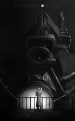  2boys absurdres artist_name camera cloud_ruan99543 commentary core english_commentary english_text giant glowing glowing_chest greyscale highres monochrome multiple_boys object_head railing reaching reaching_towards_another scientist_camera_man security_camera skibidi_toilet_(series) sleeping titan_camera_man 