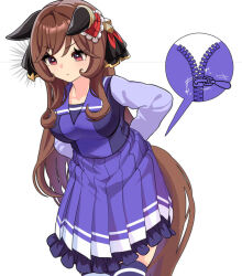  1girl animal_ears arms_behind_back breasts brown_hair brown_tail closed_mouth commentary_request ear_covers ears_down frilled_skirt frills gentildonna_(umamusume) heart_ear_ornament horse_ears horse_girl horse_tail large_breasts leaning_forward long_hair long_sleeves nieto_tokage pleated_skirt purple_sailor_collar purple_shirt purple_skirt purple_thighhighs red_eyes sailor_collar sailor_shirt school_uniform shirt simple_background skirt solo spoken_object tail thigh-highs thighs tracen_school_uniform umamusume v-shaped_eyebrows white_background zipper zipper_pull_tab 