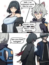  1girl 2boys absurdres animal_ears bell black_hair breasts cat_ears commentary covering_another's_eyes dorahdew english_commentary grey_hair highres jane_doe_(zenless_zone_zero) jingle_bell large_breasts mouse_ears mouse_girl multiple_boys police police_uniform policeman seth_lowell simple_background tail tail_grab white_background wise_(zenless_zone_zero) zenless_zone_zero 