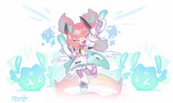  >_< 1girl artist_name blue_hair blue_streaks blush closed_eyes commentary dated dress english_commentary frilled_sleeves frills full_body glowstick holding holding_glowstick multicolored_hair open_mouth penlight_(glowstick) pink_hair shoes short_twintails sparkle standing standing_on_one_leg streaked_hair twintails ulitusya white_background white_dress white_shoes white_wings wings yutane_johiel zenless_zone_zero 