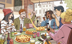  :d alcohol beanie beer beer_bottle black_hair blonde_hair building calico_(pattern) calico_cat canada cellphone cheese cheese_trail commentary_request cup dark-skinned_female dark_skin eating facial_hair food fork glasses gurihiru hair_bun hat holding holding_fork holding_phone indoors ketchup_bottle long_hair multiple_boys multiple_girls open_mouth orange_hair original pepper_shaker phone poutine red_hat restaurant salt_shaker shirt short_hair sitting smile striped_clothes striped_shirt table taking_picture tan 