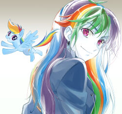  1girl 5mmumm5 :d animal antenna_hair arms_at_sides blonde_hair blue_hair blue_jacket blue_skin breasts brown_background closed_mouth collared_jacket colored_skin commentary drawstring dual_persona earrings english_commentary from_behind gradient_background green_hair grin highres jacket jewelry lightning_bolt_earrings lightning_bolt_symbol long_hair looking_at_viewer looking_back multicolored_hair my_little_pony my_little_pony:_equestria_girls my_little_pony:_friendship_is_magic official_alternate_costume orange_hair pegasus pink_eyes purple_hair rainbow_dash rainbow_dash_(equestria_girls) rainbow_hair red_hair simple_background small_breasts smile solo streaked_hair two-tone_background upper_body v-shaped_eyebrows white_background 