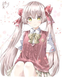  1girl absurdres alternate_costume arms_behind_back ayaro_(genkiloobaii) blunt_bangs blunt_ends blush bow brown_hair closed_mouth collared_shirt commentary cowboy_shot cropped_legs dress_shirt eyelashes eyes_visible_through_hair grey_skirt hair_between_eyes hair_bow hair_ribbon heaven_burns_red highres hime_cut knees_up light_particles long_hair looking_at_viewer miniskirt ogasawara_hisame plaid_clothes plaid_skirt pleated_skirt red_bow red_ribbon red_sweater_vest ribbon school_uniform shirt short_sleeves sidelocks signature simple_background sitting skirt smile solo straight_hair sweater_vest twintails very_long_hair white_background white_shirt yellow_eyes 