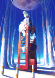  1girl absurdres blue_sky commentary full_moon hair_ornament highres mikasamu moon original phone_booth scarf school_uniform sky socks solo symbol-only_commentary tree unworn_clothes unworn_scarf unworn_socks x_hair_ornament 