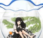  1girl birdcage black_eyes black_hair bottle cage commentary fishbowl highres hourglass leg_hug long_hair looking_at_viewer marble original pebble solo water_bottle yajirushi_(chanoma) 