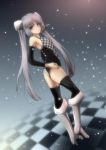  1girl arm_warmers black_legwear blue_eyes blush boots checkered long_hair looking_at_viewer miss_monochrome miss_monochrome_(character) purple_hair smile solo thighhighs twintails white_boots 