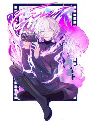  1boy :d ^_^ black_boots black_jacket black_pants boots camcorder camera closed_eyes commentary_request crossed_legs eyes_visible_through_hair facing_viewer fire gakuran glowing_veins hair_over_one_eye highres holding holding_camera jacket long_sleeves male_focus mero_(merope_hika) multiple_views pants pink_fire purple_fire school_uniform shion_(hundred_line) short_hair smile the_hundred_line_-last_defense_academy- video_camera white_hair 