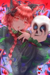  1girl absurdres animal_ear_fluff animal_ears black_dress blush braid cat_ears cat_girl commentary dress heart highres hirwannew holding holding_skull kaenbyou_rin long_hair long_sleeves looking_at_viewer open_mouth red_background red_eyes red_hair side_braids simple_background skull solo touhou twin_braids upper_body 