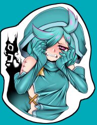  1girl anemo_nemo blue_background blue_hair clenched_teeth commentary_request crying elbow_gloves gloves hair_over_one_eye highres hood hoodie leberblume love0craft mahou_shoujo_ni_akogarete sharp_teeth simple_background solo star_(symbol) star_tattoo tattoo tears teeth upper_body violet_eyes 