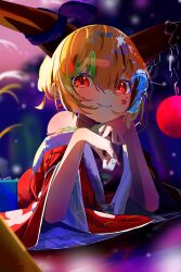  1girl absurdres alternate_costume alternate_hairstyle bare_shoulders chain choko_(cup) closed_mouth commentary cup earrings facial_mark flower_facial_mark flower_symbol hair_between_eyes harikane0 head_rest highres holding holding_cup horn_ornament horn_ribbon horns ibuki_suika japanese_clothes jewelry kimono looking_at_viewer lying on_stomach orange_hair red_eyes red_kimono ribbon smile touhou yukata 