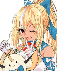  1girl absurdres blonde_hair blue_bow bow commentary_request dark-skinned_female dark_elf dark_skin detached_sleeves dress elf elfriend_(shiranui_flare) gloves hair_bow highres hololive looking_at_viewer multicolored_hair one_eye_closed orange_eyes pointy_ears ponytail shiranui_flare shiranui_flare_(1st_costume) smile solo streaked_hair u_da_desu virtual_youtuber white_background white_dress white_gloves white_sleeves white_streaks 