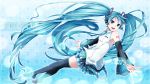  1girl aqua_eyes aqua_hair boots character_name detached_sleeves hatsune_miku headset long_hair musical_note necktie open_mouth skirt solo thigh_boots thighhighs tsujiori twintails very_long_hair vocaloid 
