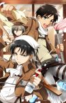  1girl 2boys belt black_eyes black_hair boots bottle cleaning dual_wielding eren_jaeger head_scarf jacket kurot levi_(shingeki_no_kyojin) long_sleeves mikasa_ackerman mop multiple_boys scarf shingeki_no_kyojin short_hair spray_bottle thigh_strap three-dimensional_maneuver_gear window wiping 