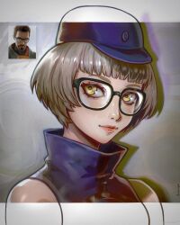 1girl bare_shoulders bespectacled black-framed_eyewear blue_dress blue_hat blunt_bangs chapinor closed_mouth dress elizabeth_(persona) glasses gordon_freeman grey_hair half-life_(series) hat high_collar highres looking_at_viewer persona persona_3 portrait reference_inset short_hair yellow_eyes 