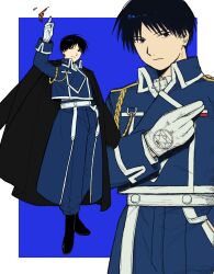  1boy black_boots black_coat black_eyes black_hair blue_background blue_jacket blue_pants boots border closed_mouth coat coat_on_shoulders collared_shirt cowboy_shot full_body fullmetal_alchemist gloves highres jacket light_smile long_coat ls182_520 male_focus military_jacket military_uniform multiple_views pants roy_mustang shirt short_hair snapping_fingers solo white_border white_gloves white_shirt white_streaks 