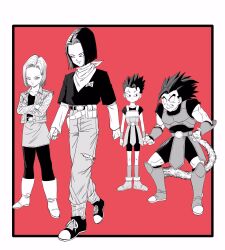  1girl 3boys android_17 android_18 bandana bandana_around_neck belt_pouch boots brother_and_sister cabba clenched_teeth commentary_request crossed_arms dragon_ball dragon_ball_legends dragon_ball_super dragon_ball_z forehead greyscale_with_colored_background highres lee_(dragon_garou) miniskirt monkey_tail multiple_boys muscular muscular_male official_style pants pantyhose pouch shallot_(dragon_ball) shoes siblings skirt sneakers sweatdrop tail teeth toriyama_akira_(style) torn_clothes torn_pants twins vest 