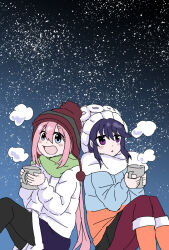 2girls blue_coat blue_eyes blue_hair drink drinking kagamihara_nadeshiko kirara_fantasia multiple_girls pink_coat pink_eyes pink_hair shima_rin white_coat yurucamp