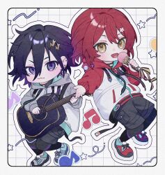 10_io 2boys :3 acoustic_guitar badge black_hair black_leggings black_nails black_shorts button_badge chibi chibi_only commentary_request ear_piercing flower_hairpin grey_hood grey_sleeves grid_background guitar hair_ornament hairclip hanasaki_miyabi highres holding holding_guitar holding_instrument holding_microphone hololive_super_expo_2025_outfit holostars hood hoodie instrument kanade_izuru leggings leggings_under_shorts long_sleeves male_focus microphone multiple_boys music musical_note nail_polish outline outstretched_hand piercing playing_guitar playing_instrument raglan_sleeves red_hair red_hood red_sleeves rounded_corners shoes shorts sneakers star_(symbol) violet_eyes virtual_youtuber white_background white_outline yellow_eyes 