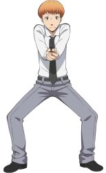  1boy aiming aiming_at_viewer anime_coloring ansatsu_kyoushitsu belt black_belt black_necktie black_shoes brown_eyes closed_mouth collared_shirt frown full_body grey_pants gun holding holding_gun holding_weapon kunugigaoka_middle_school_uniform mimura_kouki morita_kazuaki necktie official_art orange_hair pants school_uniform shirt shoes simple_background solo standing tachi-e transparent_background weapon white_shirt 