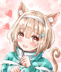  1girl :d animal_ear_fluff animal_ears aqua_jacket ayaro_(genkiloobaii) blunt_bangs blush brown_hair cat_ears cat_girl cat_tail commentary_request eyelashes eyes_visible_through_hair fang fish_hair_ornament hair_between_eyes hair_ornament hairband hands_up heart heaven_burns_red highres indoors jacket kemonomimi_mode looking_at_viewer medium_hair ooshima_muua open_mouth paw_pose pink_background red_eyes simple_background sleeves_past_wrists smile solo sweatdrop tail track_jacket upper_body white_hairband 