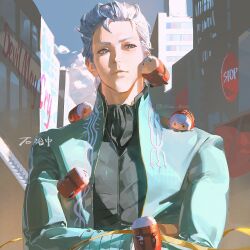  1boy ascot black_ascot black_shirt blue_coat blue_eyes building character_doll closed_mouth clouds coat commentary copyright_name crossed_arms dante_(devil_may_cry) devil_may_cry_(series) devil_may_cry_3 doll hair_slicked_back highres katana long_sleeves looking_to_the_side male_focus outdoors road_sign shirt short_hair sideways_glance sign sky skyscraper stop_sign sword symbol-only_commentary upper_body vergil_(devil_may_cry) weapon white_hair ykim01989882 