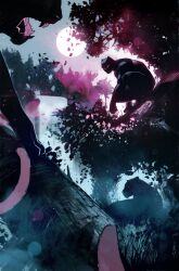  1boy black_panther black_panther_(marvel) black_panther_(series) blue_sky branch comic_cover commentary english_commentary eyed_silhouette full_moon glowing glowing_eyes highres jungle leaf marvel moon muscular muscular_male nature night official_art open_mouth outdoors sharp_teeth silhouette simone_di_meo sky solo_focus squatting superhero_costume teeth textless_version water waterfall 