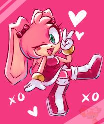  amy_rose boots bow bunny_tail green_eyes peace_sign pink_fur pink_hair rabbit_ears red_boots red_dress sonic_(series) white_gloves wink 