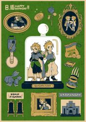  2boys aged_down armor baggy_pants bandaid bandaid_on_cheek bandaid_on_face bell_jar black_boots blonde_hair blue_armor blue_bow blue_cape blue_flower blue_rose blue_shirt blue_shorts boots bow brothers cape castle chair character_name child circular_saw claw_(weapon) closed_mouth coin collared_shirt cup dated edgar_roni_figaro final_fantasy final_fantasy_vi fist_bump flower gold_coin green_background green_bow green_eyes hair_bow happy_birthday highres holding holding_cup holding_screwdriver low_ponytail miri_(mirik) multiple_boys pants parted_lips picture_frame ponytail rose sabin_rene_figaro saw screwdriver shirt shorts shoulder_armor siblings smile socks sparkle suspenders twins two-sided_cape two-sided_fabric walnut weapon white_boots white_cape white_shirt white_socks 