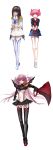  absurdres akemi_homura black_hair blackrabbitsoul boots bow breasts cosplay goddess_madoka hair_bow highres kaname_madoka kill_la_kill kiryuuin_satsuki_(cosplay) living_clothes long_hair mahou_shoujo_madoka_magica matoi_ryuuko_(cosplay) navel pink_hair revealing_clothes school_uniform senketsu serafuku short_hair short_twintails skirt sword thigh_boots thighhighs twintails underboob uniform weapon 