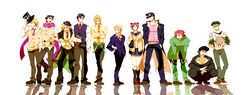  1girl 6+boys blazer caesar_anthonio_zeppeli dio_brando gakuran giorno_giovanna hat higashikata_jousuke highres jojo_no_kimyou_na_bouken jonathan_joestar joseph_joestar_(young) kakyouin_noriaki kishibe_rohan kuujou_jolyne kuujou_joutarou long_coat multiple_boys necktie robert_eo_speedwagon scarf school_uniform serafuku shichan_(fuyunchenkong) sweater_vest top_hat 