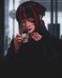  1girl absurdres black_coat black_hair blunt_bangs blurry blurry_background cigarette closed_eyes closed_mouth coat commentary earrings facing_down fingernails highres holding holding_matchbox holding_matchstick jewelry lighting_cigarette lips long_sleeves matchbox matches mouth_hold multicolored_hair nail_polish nose original realistic red_nails red_streaks short_hair sidelocks solo streaked_hair titanartx upper_body 