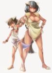  1boy 1girl anklet bare_legs black_hair braid breasts claws cleavage dark_skin hand_on_hip horns jewelry kangaskhan loincloth long_hair mega_pokemon mother_and_son naso4 personification pokemon pokemon_(game) pokemon_xy red_eyes sandals short_hair simple_background single_braid tail very_long_hair wrist_cuffs 