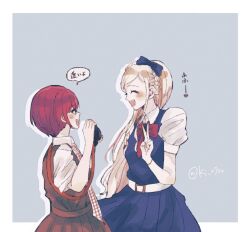 2girls black_bow black_dress blonde_hair blush border bow brown_dress camera closed_eyes commentary_request danganronpa_(series) danganronpa_2:_goodbye_despair dress eyelashes grey_background hair_bow heart highres holding holding_camera ki_27ro koizumi_mahiru long_hair multiple_girls necktie open_mouth pinafore_dress plaid_clothes plaid_necktie red_bow red_hair shirt shirt_under_dress short_hair short_sleeves simple_background sleeveless sleeveless_dress smile sonia_nevermind teeth upper_teeth_only v very_short_hair white_border white_shirt 