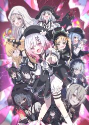  6+girls animal_ear_headphones animal_ears aqua_eyes beret bird_hat_ornament black_capelet black_dress black_flower black_gloves black_hair black_hat black_hood black_mask black_rose blonde_hair blue_dress blue_hair blue_hairband bow broken_glass capelet cross cross_earrings deerstalker dress earrings everyone fake_animal_ears fang fire flower frilled_dress frills giorgio_(yo_sumire_sola1) glass gloves gothic_lolita gradient_hair green_bonnet green_eyes hair_ornament hair_over_one_eye hairband hasumi_leia hat hat_flower headphones heterochromia highres hikami_meruru hime_cut housho_margo jewelry jogasaki_noah kurobe_nanoka lolita_fashion lolita_hairband mahou_shoujo_no_majo_saiban multi-tied_hair multicolored_hair multiple_girls natsume_an-an nikaido_hiro o-ring o-ring_thigh_strap open_mouth orange_eyes orange_streaks pink_eyes pink_hair pointing polka_dot polka_dot_bow pyrokinesis red_eyes red_flower rose saeki_miria sakuraba_ema sawatari_coco sharp_teeth shito_alisa tachibana_sherry teeth thigh_strap tono_hanna twintails veil violet_eyes white_flower white_hair white_veil x_hair_ornament yellow_flower yellow_rose 