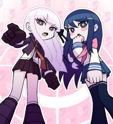  2girls absurdres blue_eyes blue_hair blue_sailor_collar blue_skirt brown_gloves brown_skirt commentary danganronpa:_trigger_happy_havoc danganronpa_(series) english_commentary fulltimeangel13 gloves highres jacket kirigiri_kyoko maizono_sayaka monokuma multiple_girls necktie panty_&amp;_stocking_with_garterbelt panty_&amp;_stocking_with_garterbelt_(style) pink_background pointing pointing_at_viewer purple_hair sailor_collar sailor_senshi_uniform school_uniform skirt violet_eyes 