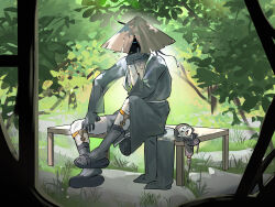  1boy 1girl absurdres aeng-du_(project_moon) bamboo-hatted_kim bench black_coat black_gloves black_kimono black_sandals black_shoes blue_eyes chibi coat commentary flying_sweatdrops gloves glowing glowing_eyes hairband hand_on_own_chin hand_on_own_hip hat highres japanese_clothes jingasa kimono leaf leg_up limbus_company long_hair open_clothes open_coat project_moon red_hairband sandals scar scar_on_arm scar_on_chest scar_on_face scar_on_leg shaded_face shoes shoggoth_(sirens20211) sitting sweatdrop torn_clothes torn_hat tree very_long_hair white_trim x_x 