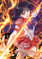  absurdres bishoujo_senshi_sailor_moon black_hair boots brooch choker commentary_request earrings elbow_gloves fire gloves highres hino_rei jewelry katt_sun lips long_hair looking_at_viewer mars_arrow mars_flame_sniper open_mouth pyrokinesis red_sailor_collar red_skirt sailor_collar sailor_mars sailor_senshi_uniform skirt standing standing_on_one_leg star_(symbol) star_brooch star_choker super_sailor_mars_(stars) thighs very_long_hair violet_eyes white_boots white_gloves 