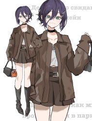  1girl bag belt_buckle black_bag black_boots black_choker boots brown_jacket buckle chainsaw_man character_charm charm_(object) choker commentary_request cowboy_shot crop_top dark_skin full_body green_eyes grenade_pin hair_between_eyes hair_bun hair_ornament hairclip half_updo handbag highres holding holding_bag jacket jewelry light_blush light_smile looking_at_viewer medium_hair midriff_peek miniskirt multiple_views necklace pleated_skirt pochita_(chainsaw_man) purple_hair reze_(chainsaw_man) russian_text shirt skirt solo usako2201min white_background white_shirt 